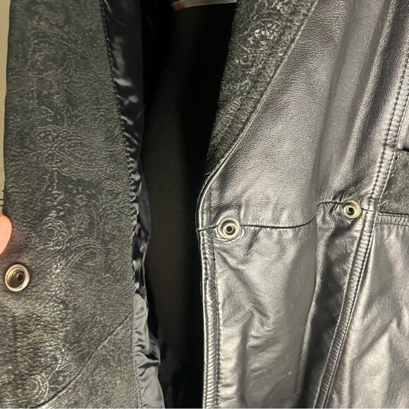 Vtg Leather Double Breasted Brocade Trim Drop Waist Oversized Midi Coat Women SP - Picture 7 of 10